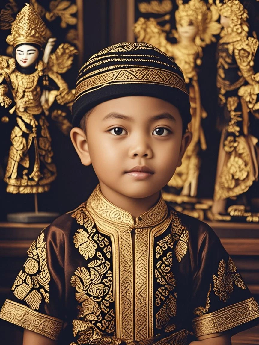 arafed boy in a black and gold outfit standing with his hands on his hips, reyyan, traditional clothes, traditional costume, wearing authentic attire, traditional clothing, inspired by I Ketut Soki, tai costume, traditional dress, young commoner, wearing traditional garb, inspired by Basuki Abdullah, ???, inspired by Abidin Dino