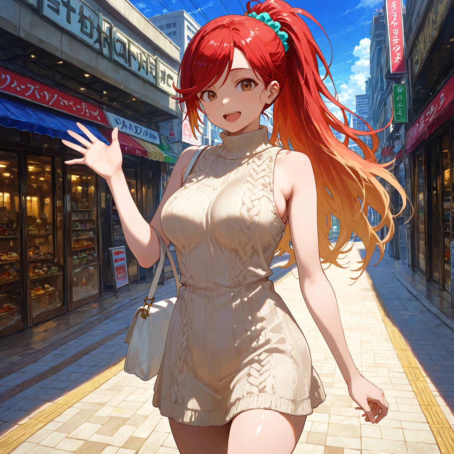 (absurdres, best high quality image, very detailed character and image, carefully detailed textures and pixels, carefully detailed character and image, very detailes features and textures)
{{1character: 27 years old elf girl common citizen}, (Scarlet Red long straight hair, fair skin, light purple eyes, beauty, short pointy elf ears, beautiful face, beautiful features, big breasts, voluptous body, beautiful legs), (Yellow medium dress, yellow heeled shoes, yellow sleeves, flower adorning her hair), (Holding a pink hand bag), (sweet cheeeful smile, nice sweetest girl), (walking around a Denmark city street)}}