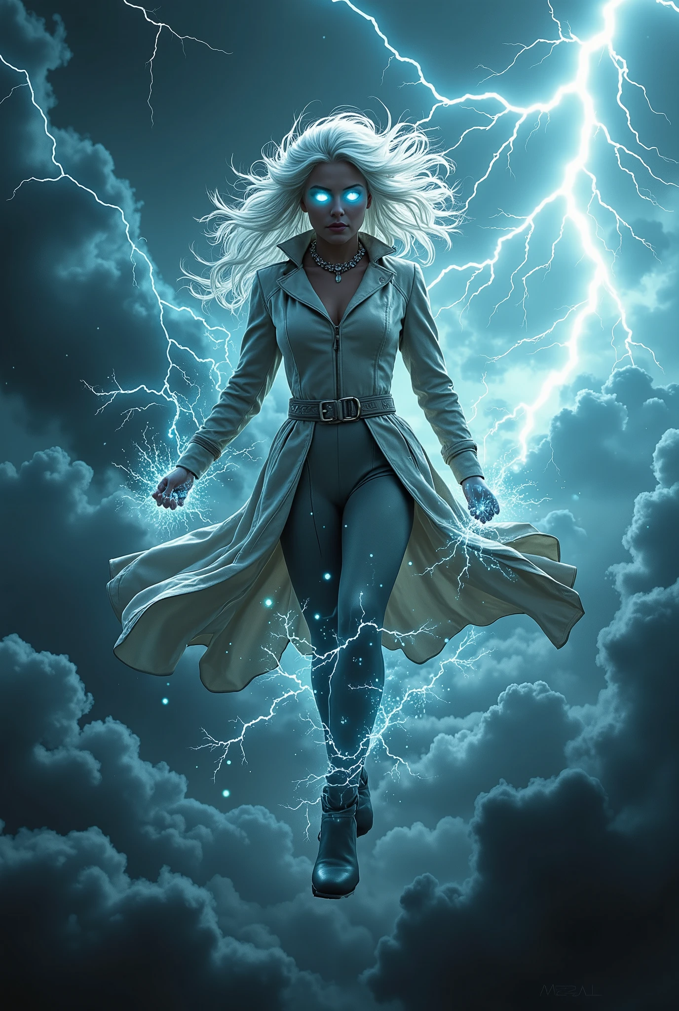 1 girl, (Glowing white hair), wear loose, thin, charmed, white coat, fluttering in the wind, floating in the air, Cast a spell, strong wind, a storm, a storm, magic, Fantasy, ethereal transparent, Blur, Excessive energy, a storm аура (cowboy shot), 040790-Y, woman, medium breast