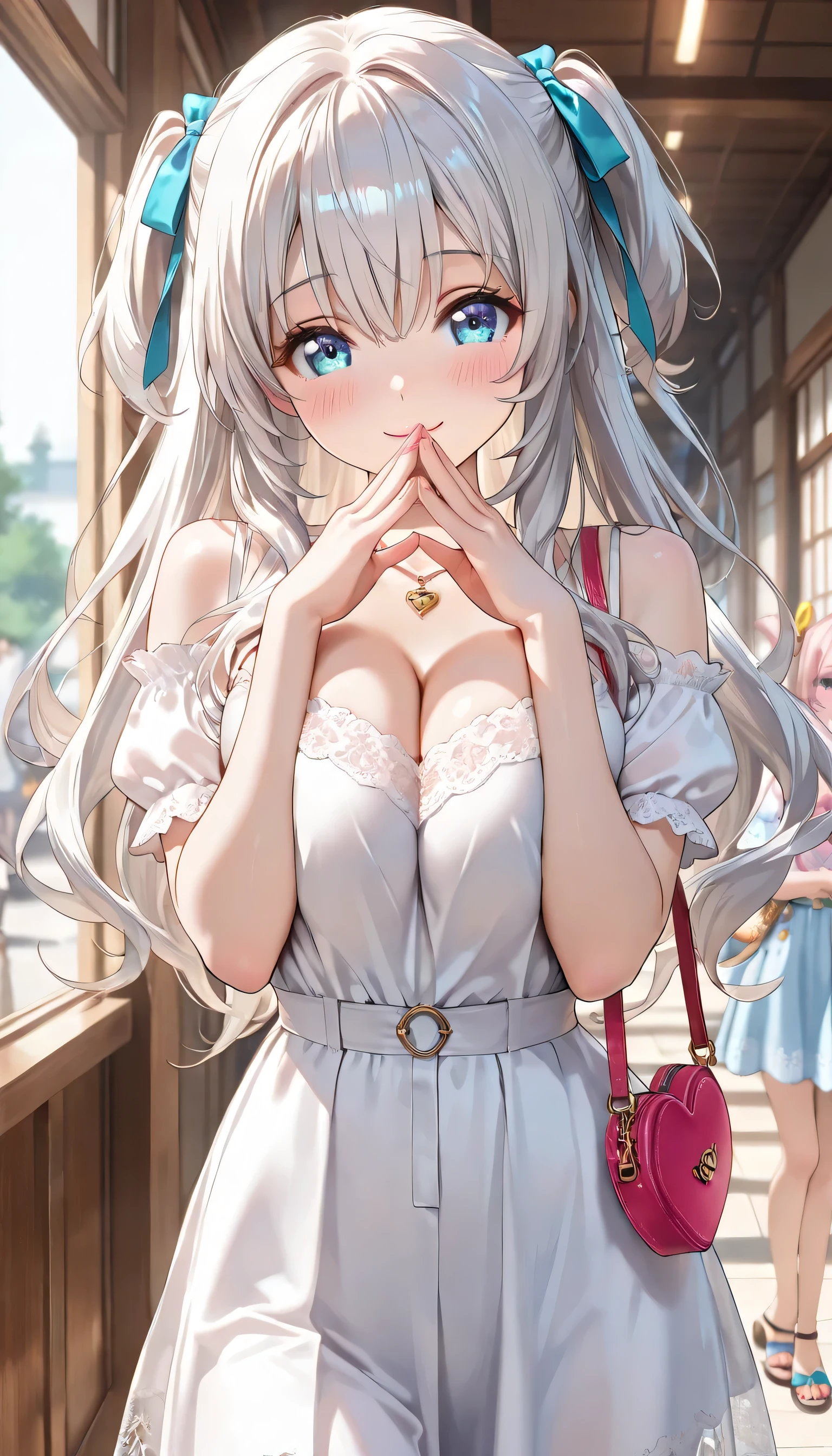 a pretty anime princess is shown in the picture with flowers in her hair, 1girl, flower, solo, pink flower, bare shoulders, cleavage, middle-breasts, twintails, looking at viewer, blue eyes, pink rose, strapless, long hair, collarbone, off shoulder, rose, hair ornament
