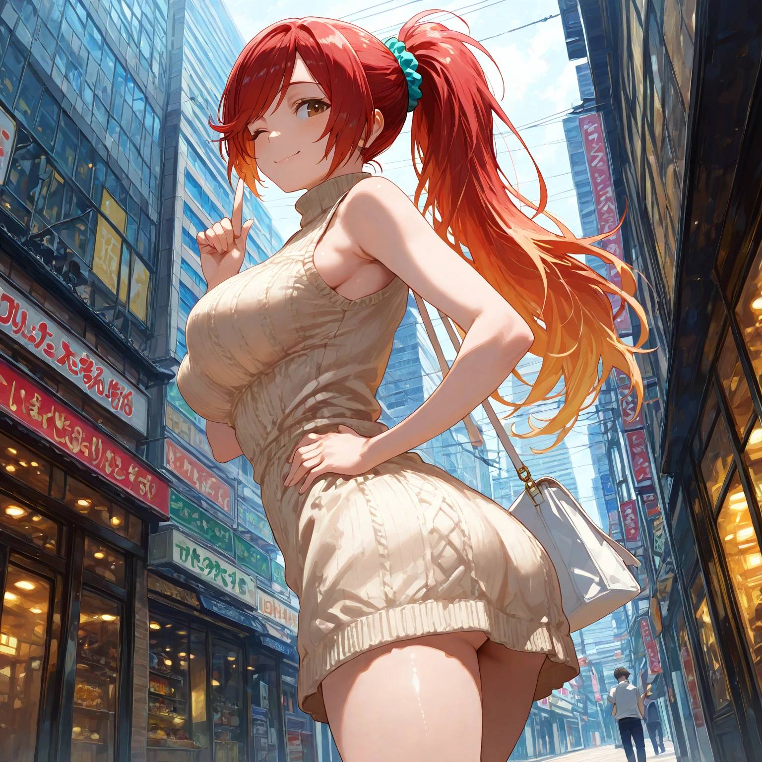 (masterpiece), best quality, high quality, 8k, wallpaper, DLSR, (ultra-detailed:0.4), (perfect face), best quality, expressive shiny galaxy eyes, perfect face ,(running, out of breath), ((wearing thight vrigin killer sweater, visible thong)), braided long orange hair, ((in busy street)), wearing expressive jewelry, detailed background, detailed shadow's, expressive cleavage,