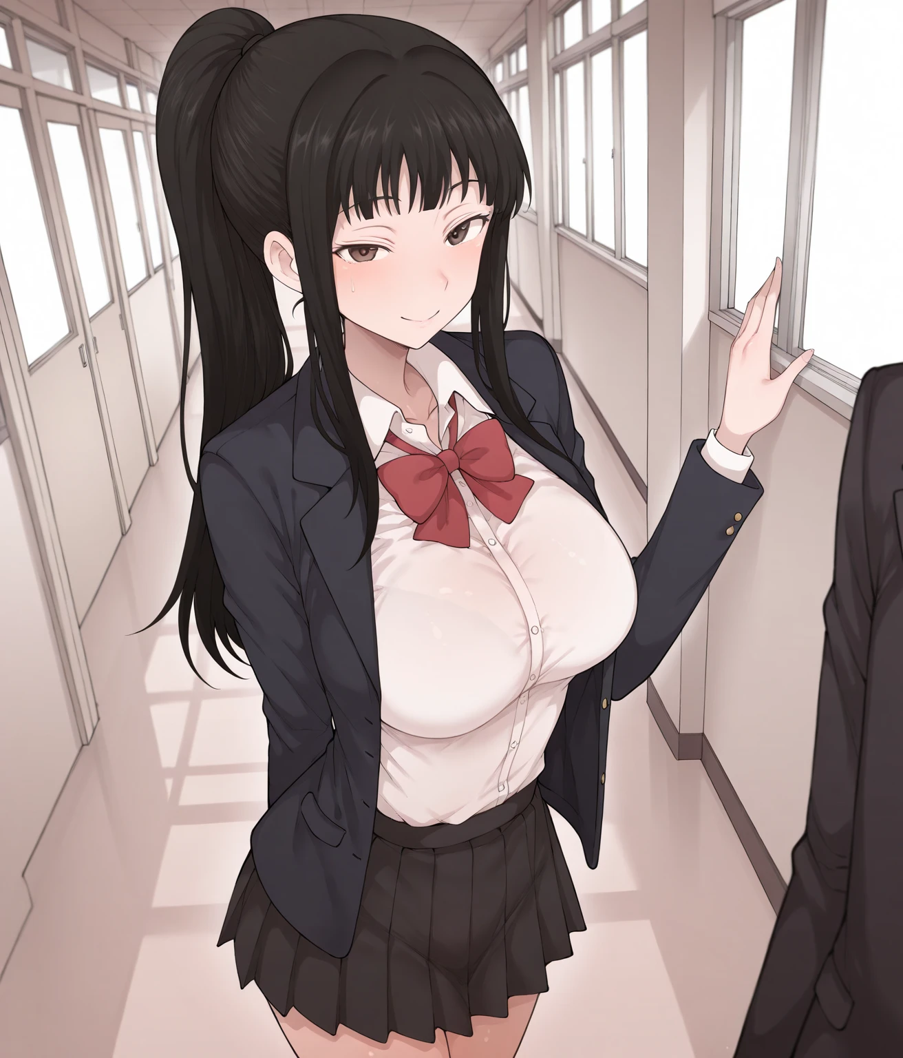 {{{masterpiece}}}, {{{best quality}}}, {{ultra-detailed}}, {illustration}, {{an extremely delicate and beautiful}}, 8k, NSFW, sakurajima mai, long hair, bangs, (black hair:1.5), hair ornament, (purple eyes:1.1), hairclip, rabbit hair ornament, skirt, shirt, , white shirt, short sleeves, pantyhose, pleated skirt, collared shirt, blue skirt, black pantyhose, red necktie, jacket, (brown jacket:1.5), BREAK,1 woman, 3 men, taking off clothes, open clothes, Open shirt, open dress, open cardigan, breasts, lift up skirt
