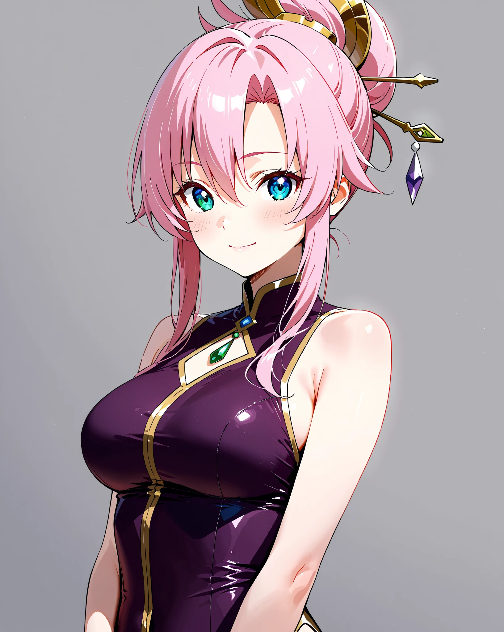 incredibly absurdres, best quality, arms behind back, 1girl, kubrick stare, huge breasts, pink hair and blue (gradient hair:1.2), diagonal bangs, (twin drills:1.3), dark purple eyes, detailed eyes, lightningpunk style clothing and setting, wearing undershirt and chinese clothes with no jewelry or neckwear, (hotel), simple background
