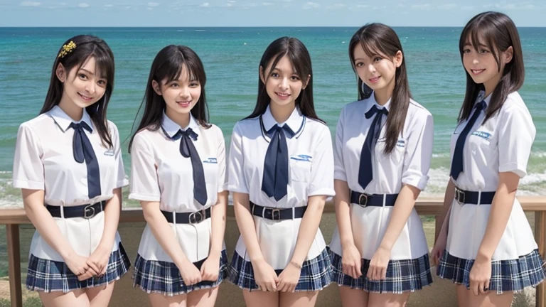 Three girls in uniform posing on the beach with mobile phone, JK Uniform, Seifuku, Wearing school uniform, Japan school uniform, Kantai Collection Style, wearing japanese school uniform, Wearing a school uniform, official artwork, sakimichan hdri, sakimichan, 4 k ], 4K], japanese girl school uniform, Hot with shining sun