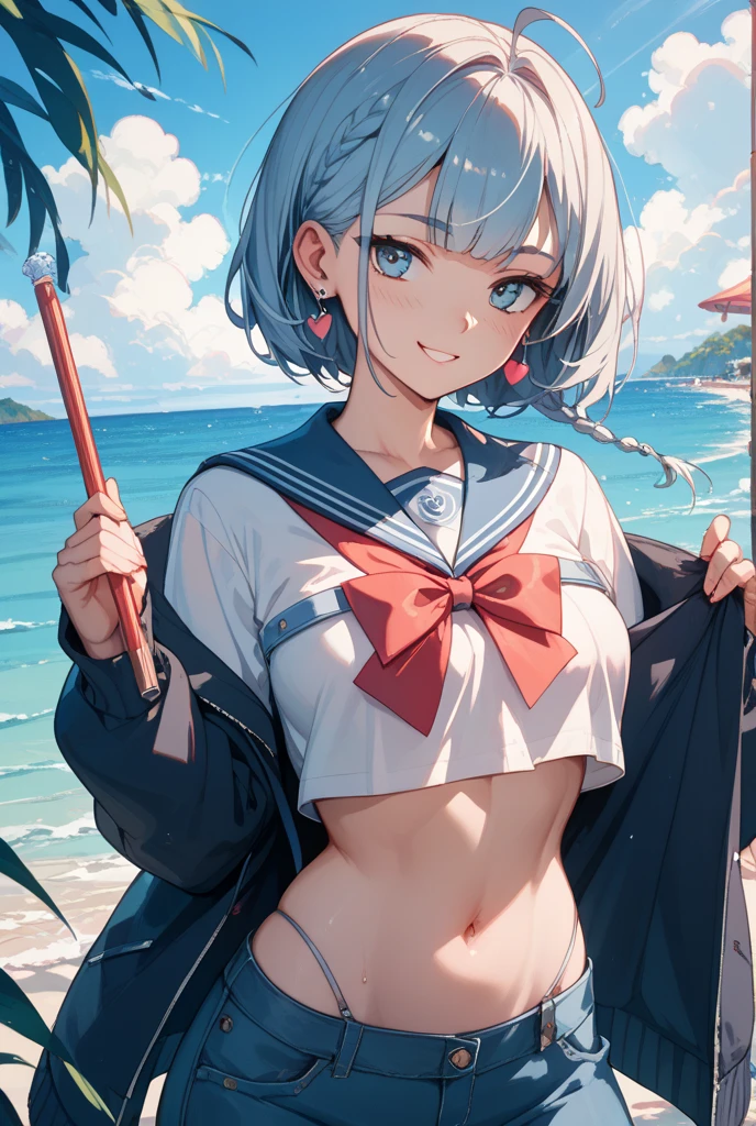 highest quality、High resolution、8k、Beautiful teenage girl、(Three Women)、Sexy Bikini、Sailor School Swimsuit,(White sailor collar)、Wet、Whole body gets Wet、Water play spot、Water slide、Water play event、sexual expression、smile、ponytail、Cute hairstyle、Represents 1'~ ~ side、Accentuate your cleavage、Throwing water at each other、Laughter