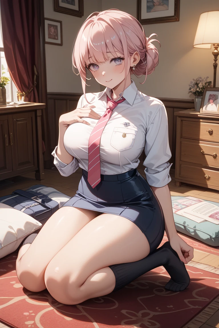 (masterpiece, best quality:1.2), solo, 1girl, takebadef, smile, looking at viewer, , cardigan, bow, red lingerie, choker, earrings, classroom , large breasts, full body, sitting on chair, open legs,