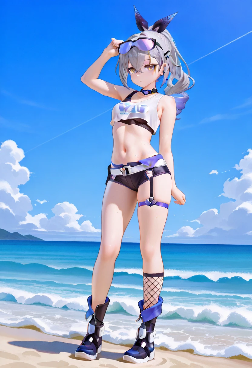 anime girl in a bikini on a pier by the ocean, realistic bikini, clothing: bikini, 3d anime girl, render of a cute 3d anime girl, Smooth anime CG art, Pause, , フルPause, Live2D Virtual Youtuber Model, in the sea, Wearing a swimsuit, 淫らなPause, ビーチでPauseをとる