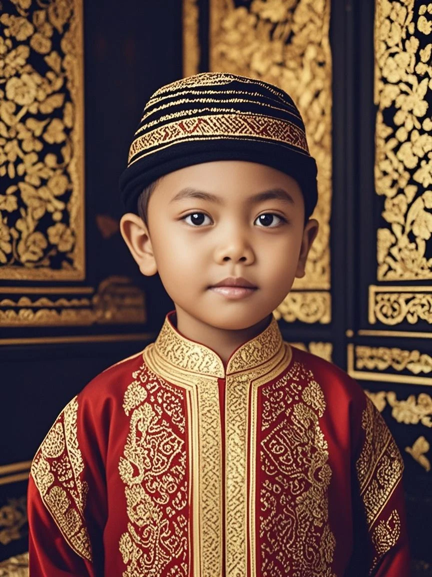 arafed boy in a black and gold outfit standing with his hands on his hips, reyyan, traditional clothes, traditional costume, wearing authentic attire, traditional clothing, inspired by I Ketut Soki, tai costume, traditional dress, young commoner, wearing traditional garb, inspired by Basuki Abdullah, ???, inspired by Abidin Dino