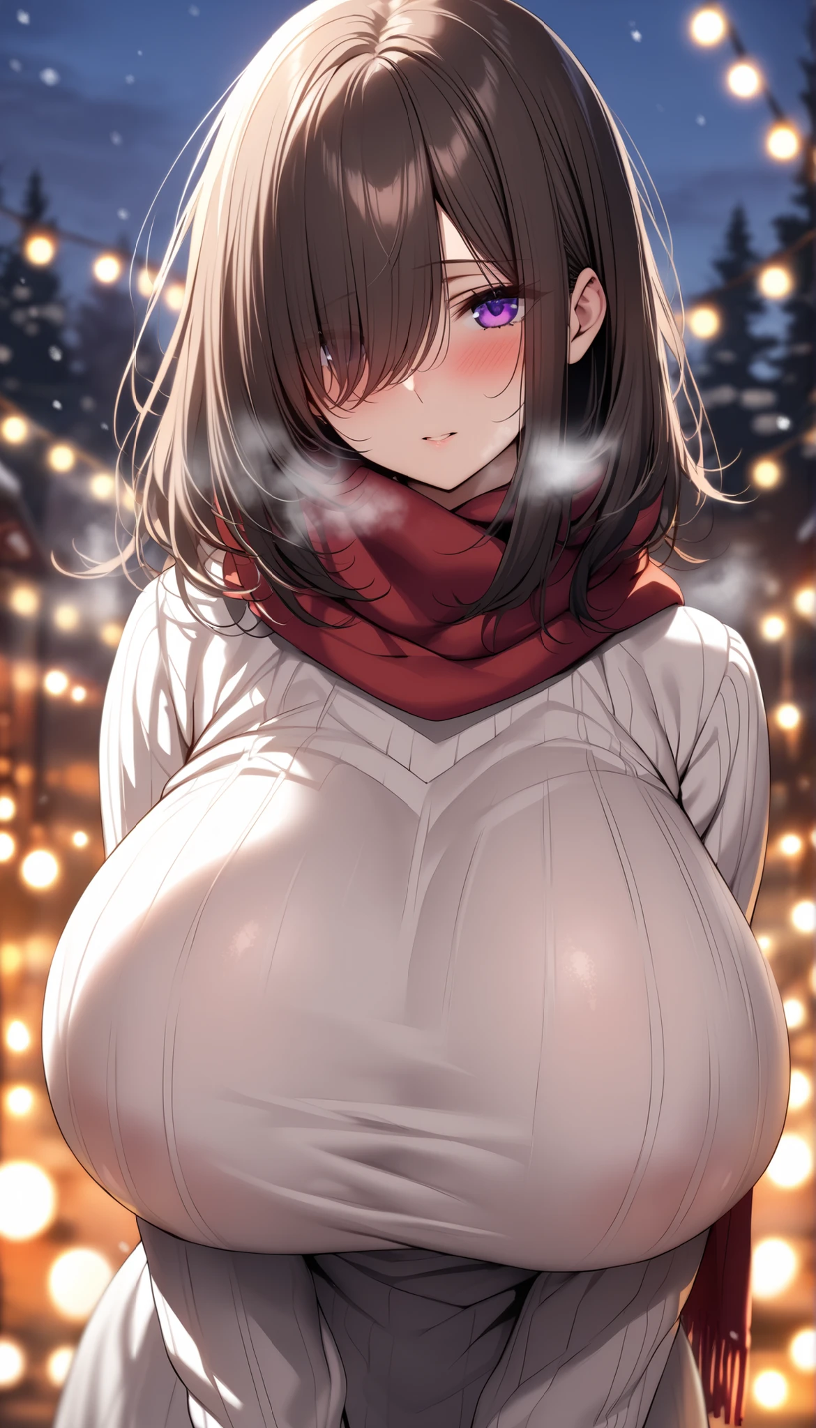 1girl, nsfw, Deuce, green eyes, long hair, Medium hair,  brown hair,　cape, red scarf,  large breasts, nipple, , Peeing, lactation, projectile lactation,  frozen, wet, crying ,, Naked, , (1girl) ,solo, wilderness