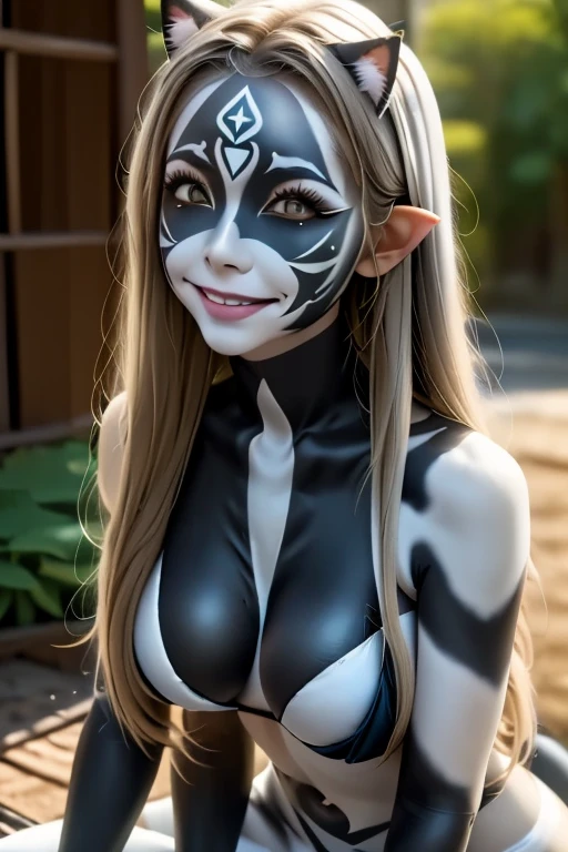 Create a sexy rabbit girl in a super realistic and detailed version as a semi-human girl of the real world rabbit species, She has big breasts and a sexy bunny outfit, a slim waist and wide hips, she has blue eyes and blue hair. make her face on in a dark forest at night. Blur the background of the image by highlighting the Rabbit girl in first person. Add a cinematic dark effect to the scene in a professional realistic photography style.