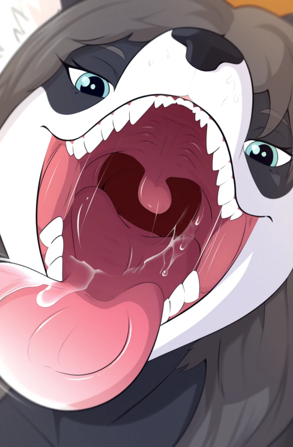 nsfw,1 girl,Solo,(multiple penis),Double handjob,fellatio,(multiple boys),(black hair:1),uvula,portrait,masterpiece, best quality, very aesthetic, absurdres,looking at viewer,split,(Black clothing),pov,open mouth,White Breath,shiny,gloss,heavy_breathing,Sweaty clothes,cum,(cum:1.4)