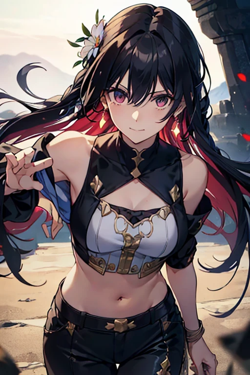 ((solo)), (woman), light tanned skin, cherry red eyes, raven black hair, very long messy hair, vibrant red colored inner hair, (sculpted body), medium-big breasts, thick, mature body, a close up of a person with a scythe in a desolate land detailed key anime art, acheron, casimir art, masamune shiro, masamune, beautiful woman in demon slayer art, genshin, heise jinyao, shadowverse style, (no logos), eclipse, black powers, twilight scenery, detailed clothes, eye reflection, depth of field, cinematic lighting, ray tracing, depth of field, cinematic lighting, ray tracing, UHD, high details, best quality, highres, high quality, award winning, super detail, masterpiece, 8k, UHD, high details, best quality, highres, high quality, award winning, super detail, masterpiece, 8k, digital art, anime coloring