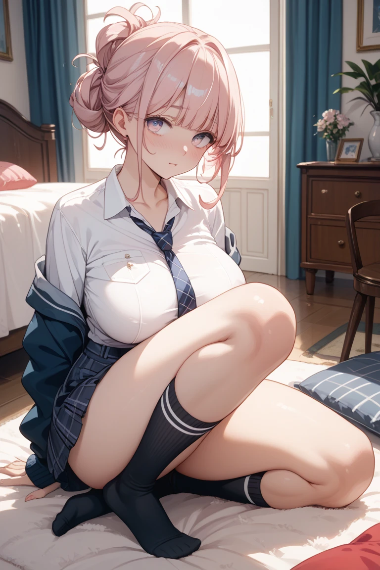 photorealisim、top-quality、超A high resolution、NSFW、Japanese high school girl、Girl in uniform on bed、M-shaped legs、Looking at the camera、blondehair、Light blue shirt、Dark blue tartan plaid pleated skirt、Detailed cute and beautiful face、(pureerosface_v1:0.008)、Brown-eyed、 Big eyes shine charmingly、eye liner、Double eyelids、Full body like、dismay、red blush、embarrassed from、glares、 shiny little necklace and earrings, shiny lips: 1.4, humiliated、impatience、dismay、Frightened、glares、pantie shot、Panty appeal、Close-up in panties:1.4、red blush、Tears are embarrassing、Red satin fabric underwear、Open knees、open one's legs、Disheveled clothes、Dressing、Black knee socks、Exposed panties、Wearing sweat、sodden、Neat and clean woman,23 years old, Medium Long Hair,In the bedroom late at night,Show nipples :1.5