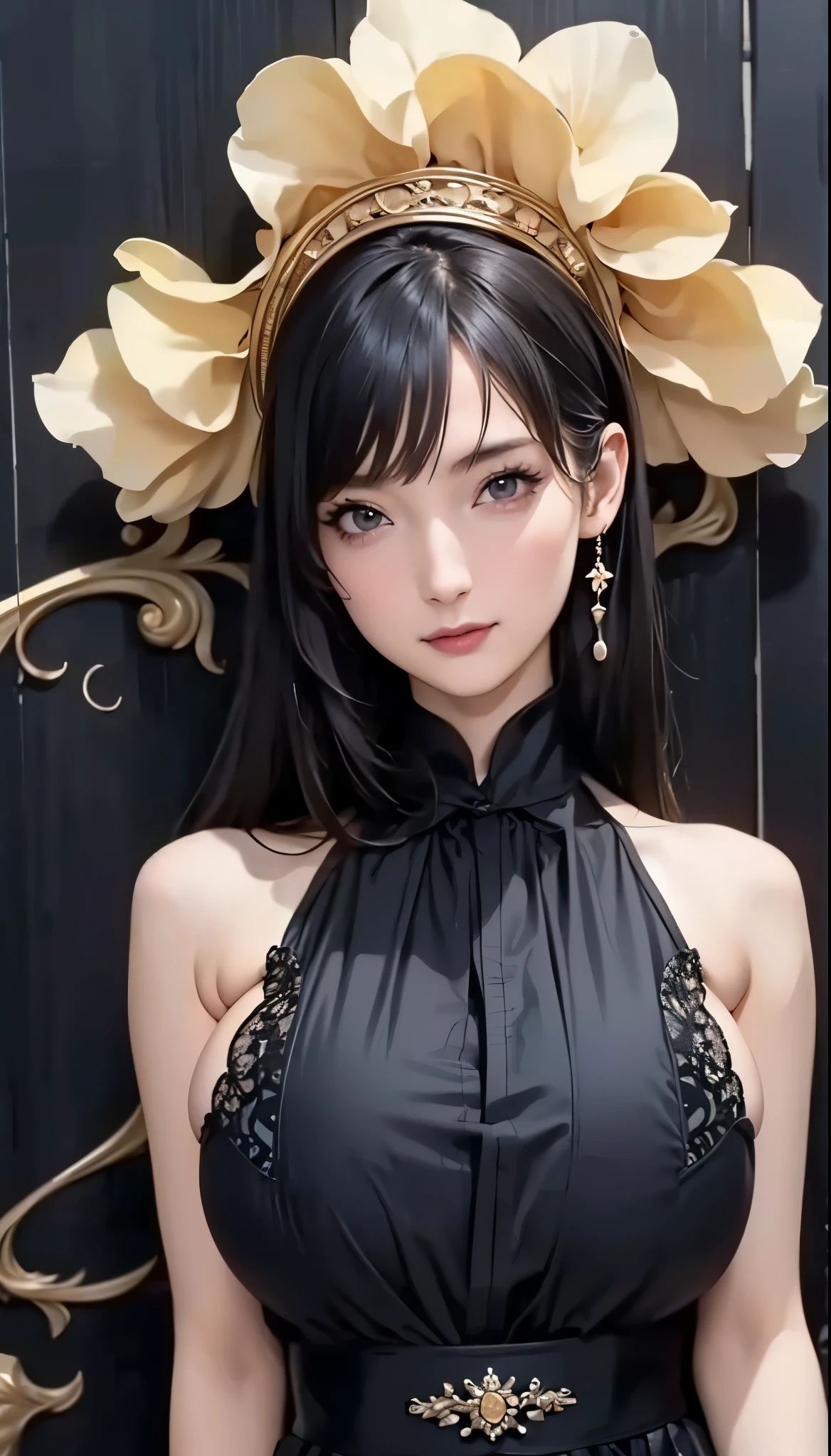 (( Beautiful Face:1.4)), (Purelos Face_v1: 1.0), girl、Black Clothes, Robe,((Natural huge breasts:1.4)),((Upper Body))
