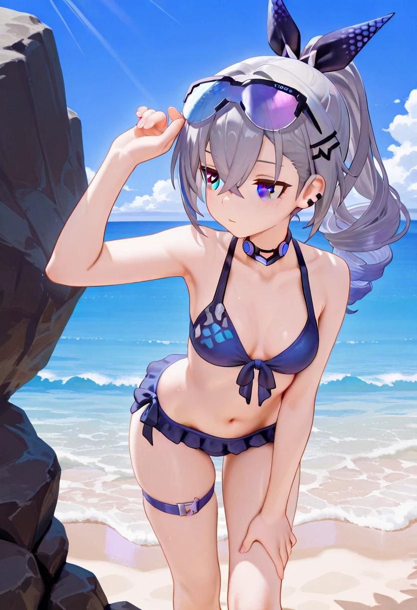 silverwolf、blush,smile、Sexy Bikini👙、Ocean Background、Primary school students、The back is very small、Lolita、Small breasts、Please show me your armpits、exterior: 14 years old、Shoulder Bare、The clavicle is visible、Sexy thighs、Beautiful legs、Usual hairstyle、Highest quality, High resolution, unity 8k wallpaper, (shape:0.8), (Beautiful and beautiful eyes:1.6), Highly detailed face, Perfect lighting, Highly detailed CG, (Perfect hands, Perfect Anatomy),