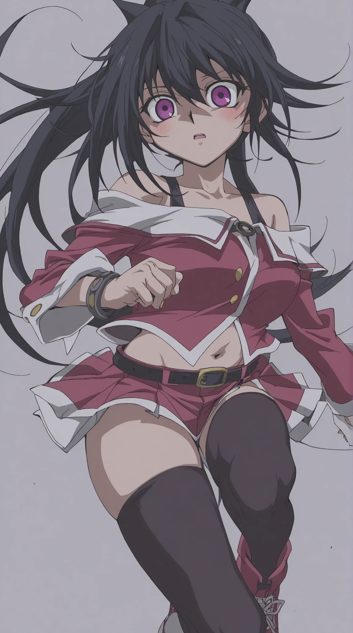 (masterpiece, best quality:1.2), solo, 1girl, hitachi mako, smile, looking at viewer, ahoge, forehead protector, japanese clothes, ninja, scarf, cleavage, outdoors, dynamic angle, standing on one leg, knee up, foot, toe, from below, looking down, naughty smile, sleepy eyes, arm behind back, hand on hip,