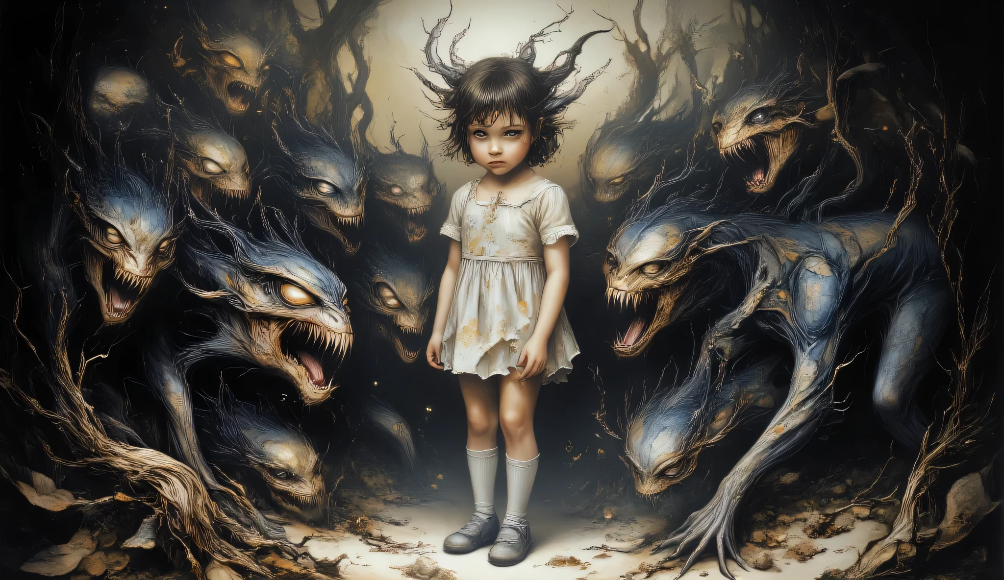 An intricate mixed media artwork depicting a surreal scene of a young girl surrounded by a swarm of malevolent, anthropomorphic creatures, each with distorted features and sharp teeth, portraying the unsettling blend of innocence and horror, in the style of Mark Ryden, dark surreal, high detail, masterpiece.