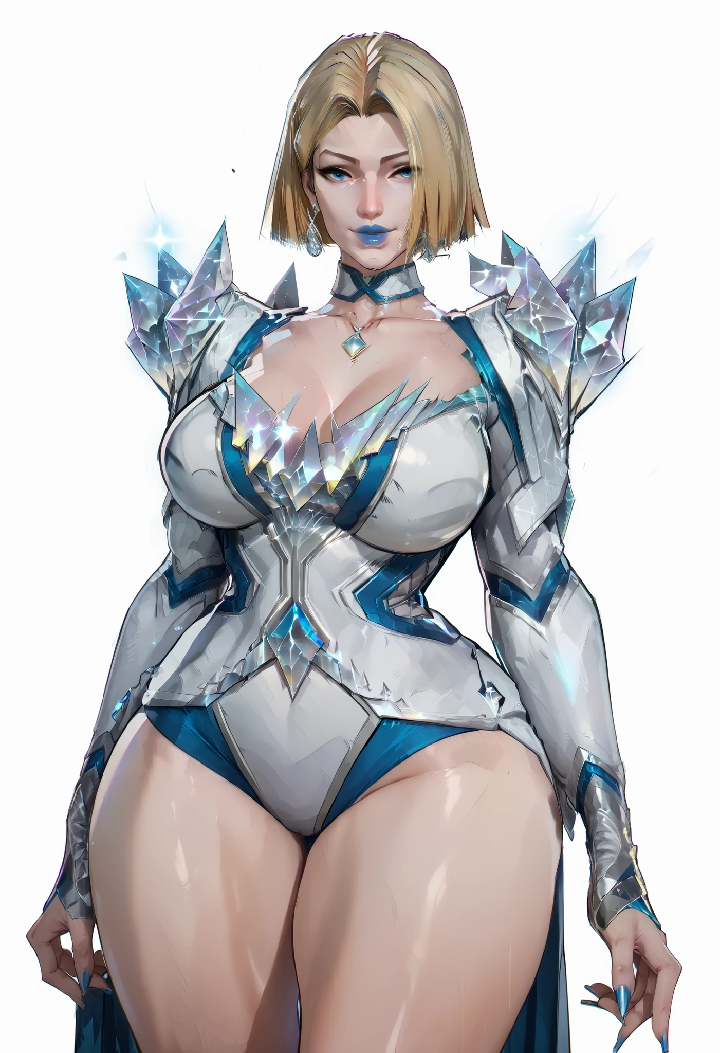 Nyl2 style, emma frost, perfect face, perfect lighting, sexy lips, sexy female, short hair, blonde hair, blue eyes, blue lips, middle parted hair, blunt cut, (thick thighs:1.3), (wide hips:1.5), hip dips, (huge breasts:1.2), high quality skin texture, structured face, mature female, sly smile, sexy legs, (muscular thighs:0.5), sexy pose, nude, bare shoulders, fully naked, no clothes