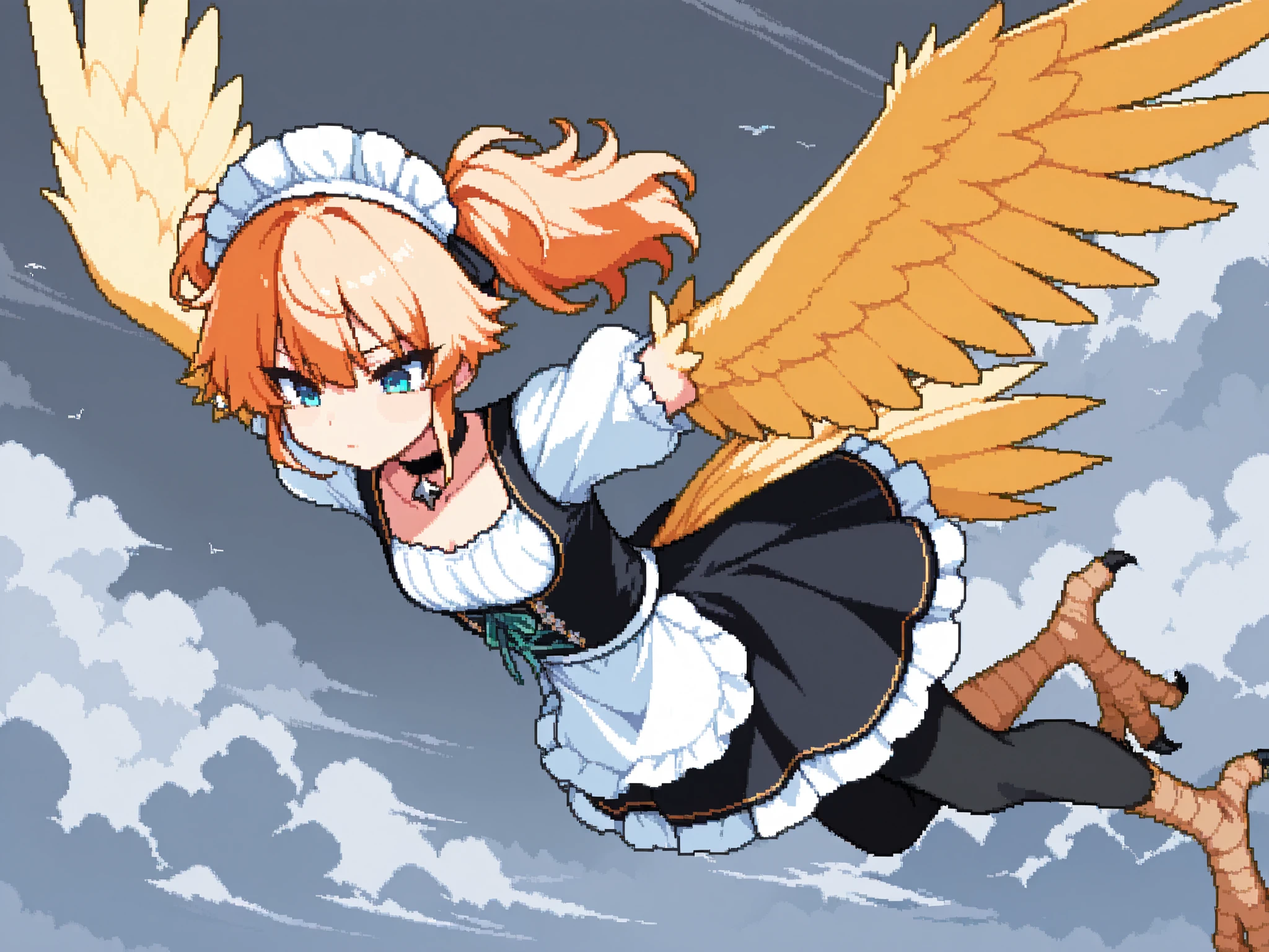 score_9, score_8_up, score_7_up, source_anime, 1girl, solo, pixel art, feather winged arms, bird tail, bird legs, bird wings, harpy girl BREAK
Blonde hair, double_parted_bangs, long twintails, tsurime, small breasts, blue eyes, winged arms, feathered wings, yellow wings, bird legs, black legs, bird tail BREAK
Black_pendant_choker, maid costume, dirndl, short sleeves, maid headress BREAK
Looking down, flying, bored face, closed mouth, on stomach
outdoors , ((background sky)), far away clouds, (misty clouds) , (mist, cloudy sky, gray sky) , gray clouds