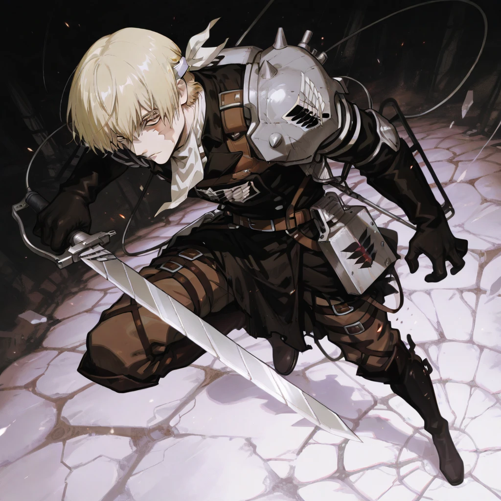 ((A young adult blond male dragoon wearing erotic armored leotard and armor plates rubbing and humping his crotch against his weapon that is positioned in between his legs)), he is breathing heavily and his body is twitching as he rubs the weapon in between his legs, NSFW, hentai, porn, erotic, ((he is using weapon to masturbate and hump))
