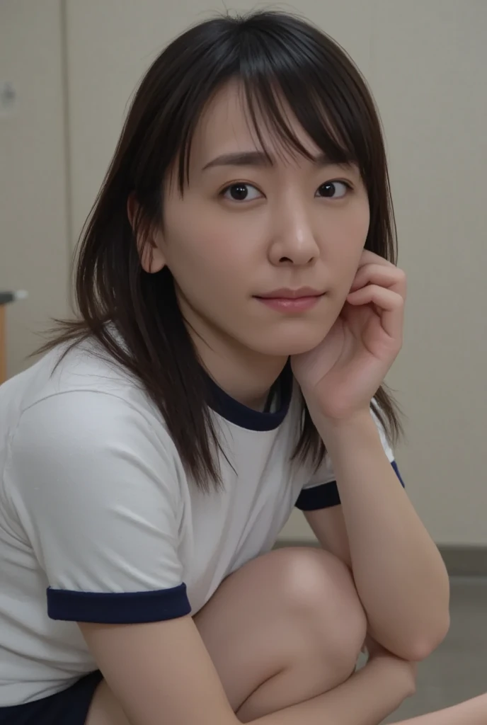 Black Hair、(bangs:1.3)、Semi-long hair、(Whitening:1.2)(White skin:1.4)(Big Breasts:1.3)、(School-designated gym clothes:1.5)(The upper body is a white short-sleeved gym uniform:1.4)(The lower half of the body is a navy blue tight bloomer:1.4)、Thighs exposed(Bedroom)、On the bed(Looking into the camera:1.3)、(Sweaty:1.4)(Oily skin:1.3)Portrait from head to thighs、(Facing forward)、(Focus on the groin:1.3)Standing with legs apart