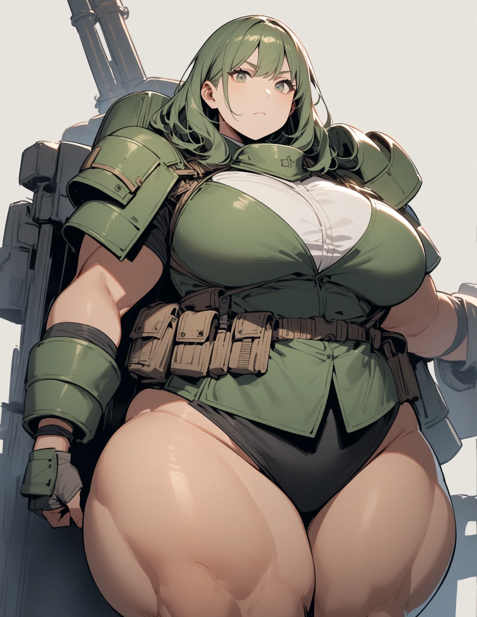 brave girl, giant breasts, giant thighs and ass, black hair with braid, violet eyes, green one-piece swimsuit with soldier print, Black bandages on the arms and legs, black gloves with knuckle and wrist straps, with a mecha behind in the background,