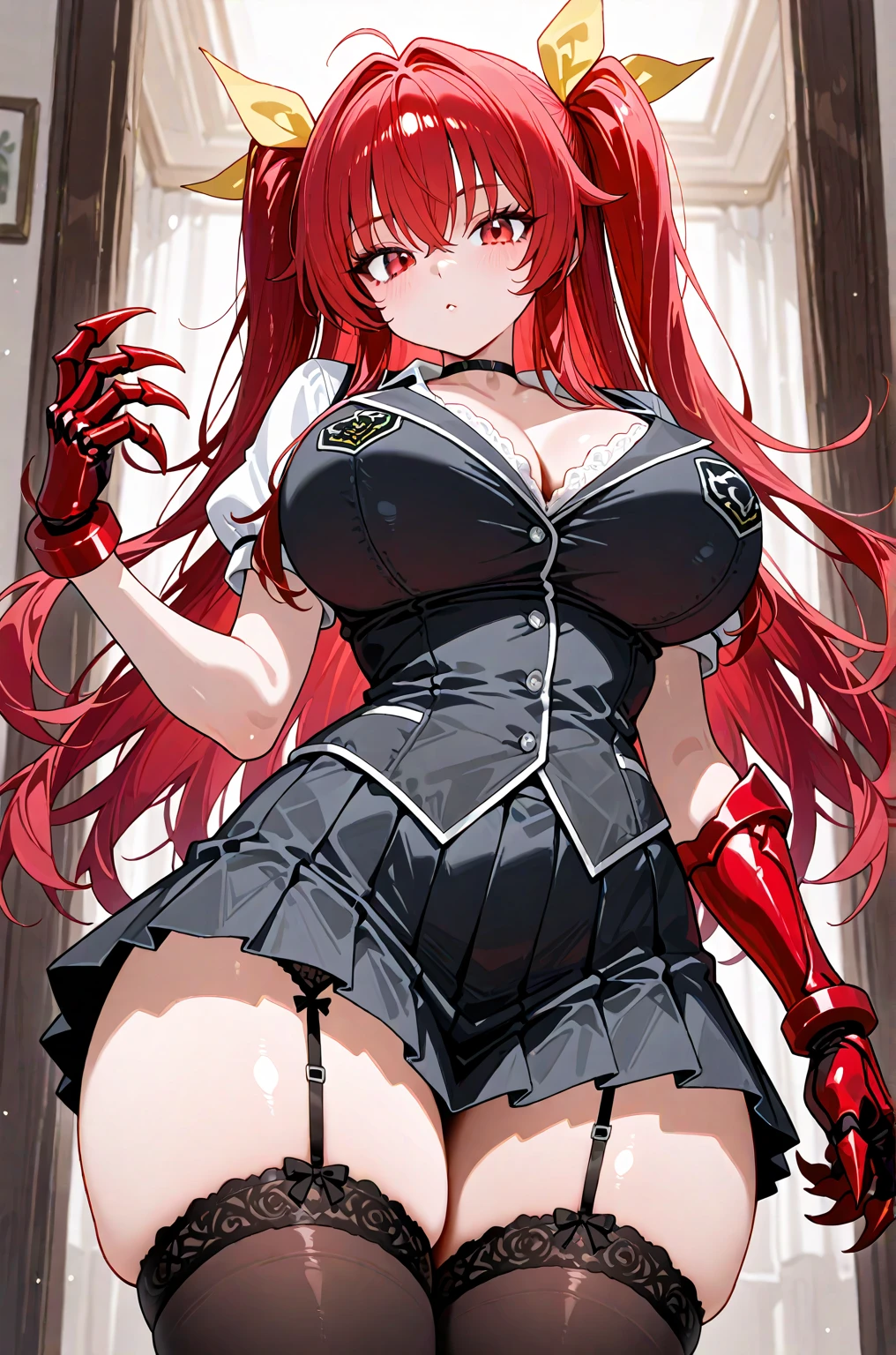 20 year old woman, busty, bubble butt, hourglass figure, skinny, blushing, embarassed, shocked expression, horny, seductive, long hair, red hair, twintail hair, wearing black dress, laced corset, black stockings, knee high boots, tight fitting clothing, anime, night, city, neon city, punk, punk style, punk hair, ((open mouth)), ((drooling)), ((wet)), bare shoulders, elbow gloves, frills, puffy dress, mid-length skirt