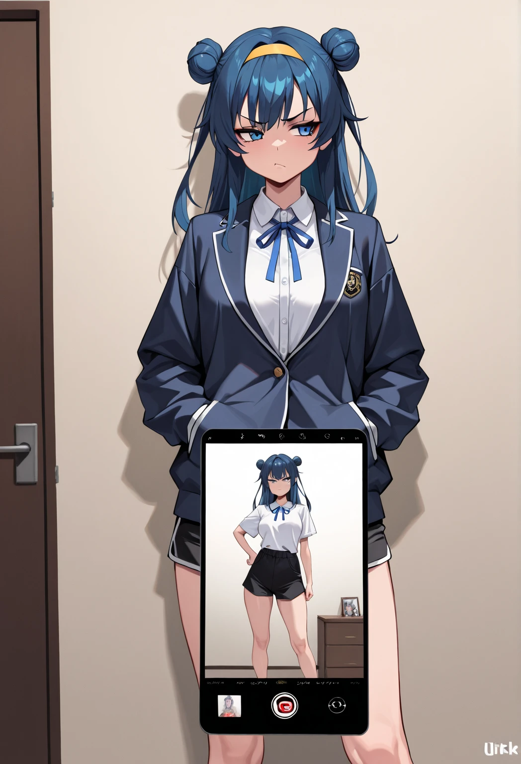 Browsing Caution,((Highest quality)),((masterpiece)),(detailed),sexy,((on the screen of smartphone camera app frame)),((spoken heart)),Panties focus,((In the prison)),A crying female police officer wearing glasses during a rut,Very small breasts,Skinny body,Black hair ponytail,Restricted cap,navy blue uniform and white shirt,Her skirt is rolled up,((Wet blue and white striped panties)),((wearing black garter stockings)),boots,Standing with your legs wide apart to the left and right,