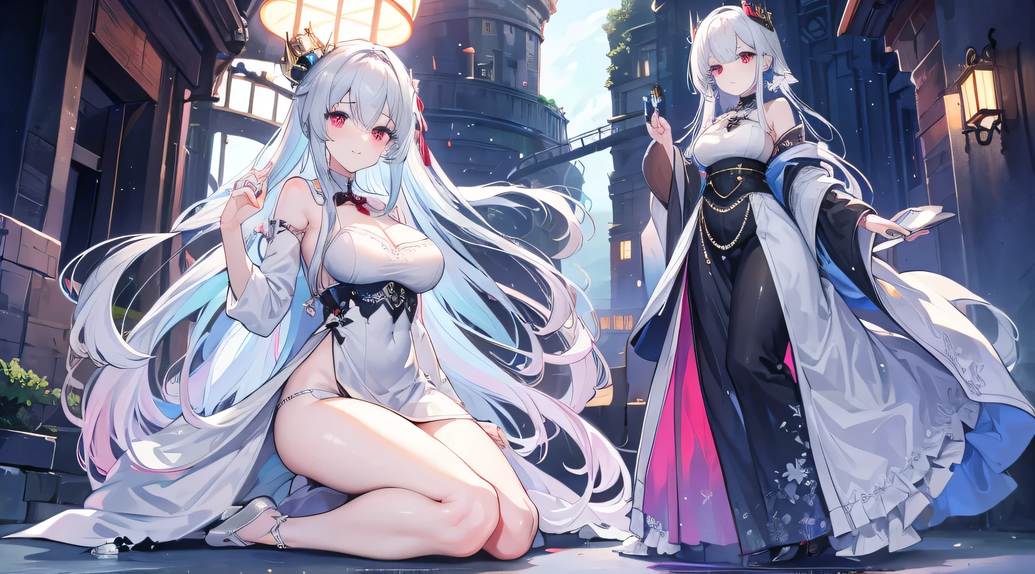 Anime girl poses with room in black costume, fluffy chest, white-haired god, biomechanical oppai, Anime goddess, seductive anime girls, Keqing from Genshin Impact, Ayaka Genshin impact, onmyoji portrait, onmyoji, oppai, beautiful and seductive anime woman, azur lane style, small curvaceous loli