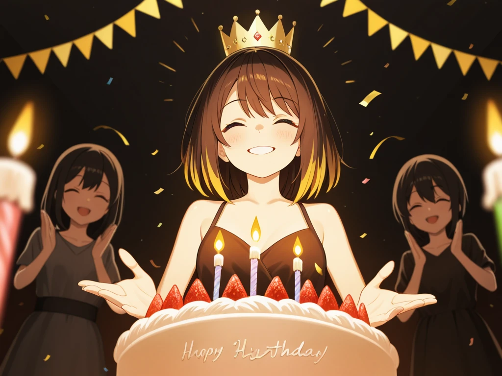 Happy Birthday, Birthday Cake, Blowing Candles, Princess Crown, Brown hair --auto