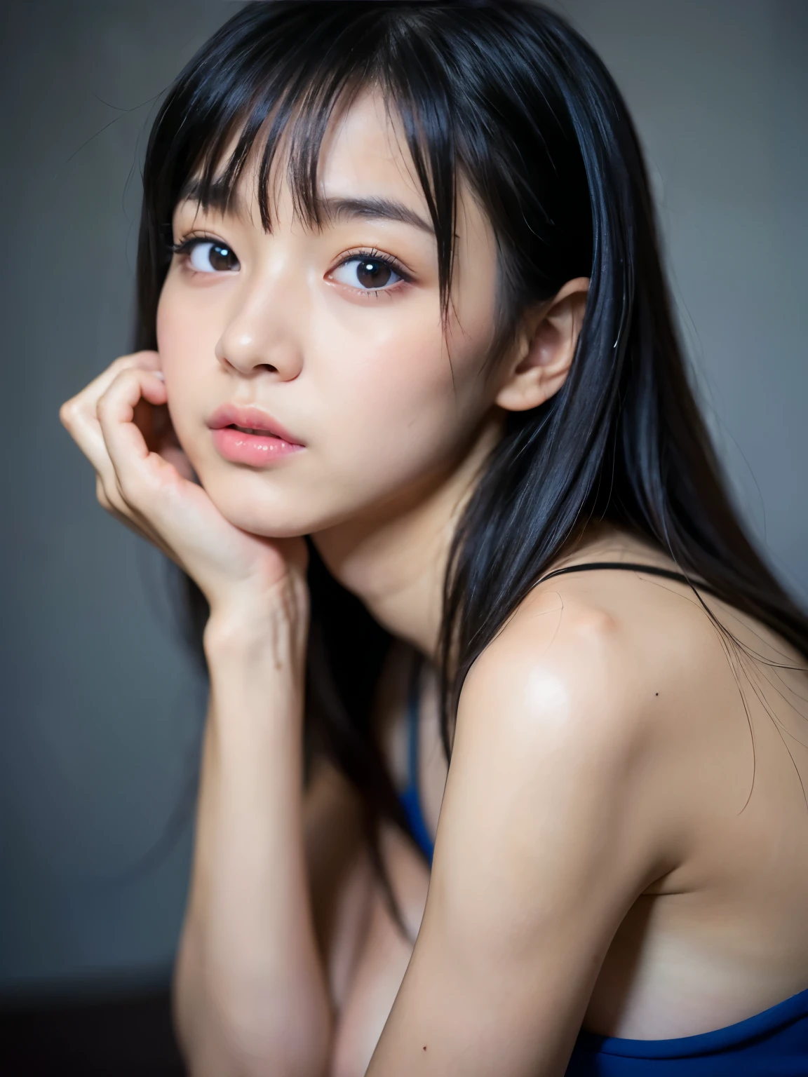 highest quality, Face Focus, Soft Light, Ultra-high resolution, (Realistic:1.4), RAW Photos,
1 Japanese girl, alone, cute, (pupil, Light in your eyes), Beautiful face in every detail, (),(High resolution detail of human skin texture),
(Long Hair)、Rake up your hair with both hands、Raise your hands、Put your hands behind your head、Black choker、
indoor,
topless,From below、
(Portraiture)