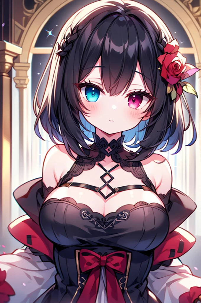 1girl, anime, cute girl, blank background, white background, fantasy, detailed fantasy dress with highlights, beautiful face, beautiful eyes, dark colors, black hair with multicolor streaks, red eye with different color pupil in eye, multicolor eye, medium small breasts (slightly big), slight cleavage, beautiful skin, cute, breast curtains, extremely delicate and beautiful, (beautiful detailed face:1.0), (detailed deep eyes), symmetrical breasts, deep eyes, shiny skin, portrait, slender waist, hips wider than shoulders, thighs, expressionless, young girl, luminous eyes, adorable，（Kpop idol）,（aegyo sal：1），（Platinum blonde hair：1），（（puffy eye）），Black panty，sexy posture，Superskirt, ultra high resolution，Black collar，slim figure, Abdominal y tattoo, womb tattoo，Tight-fitting leg ring，y tattoo on half-body，Bare skin, Armored hand，Hidden fingertips，Hand covered，Arm covered，Fist covered,{{beautiful detailed fingers}}, tufts of hair, moderate beautiful breast:1.0,(masterpiece:1.2), best quality, high-res, HDR, perfect face, intricate armor, delicate blue filigree, intricate filigree, red metalic parts, detailed part, dynamic pose, dynamic lights,