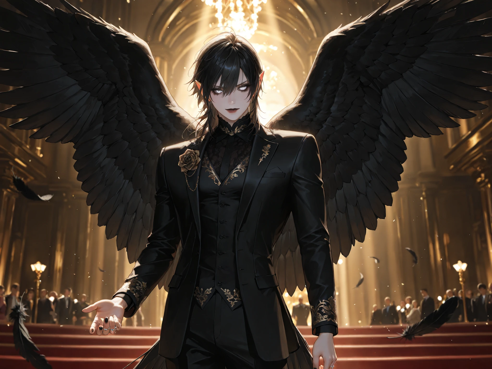 A fallen Angel Muscular Man,  in a sexy black suit, at a castle in hell sitting on a throne, perfect face, perfect body, perfect wings, detailed and intrincicated, HD