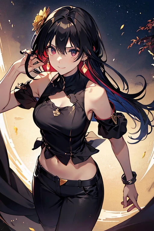1 girl, blood on face, angry, holding spear, double bun, black shawl long hair, sports t-shirt, black bodybuilding trousers, red long cloth wrapped around the whole body, flat chest, small breasts, (flying), chinese mythology, cloudy, detailed sky, abstract background, (flame_surge_style:0.5)