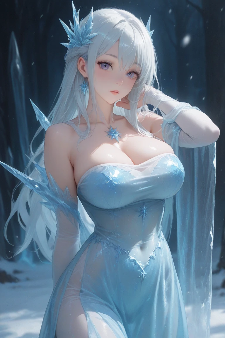 (Master piece), (Best Quality), (Cinematic), 8K, (Art Station), (A woman with long white hair and silver eyes), (Beautiful delicate face), Frozen trees, landscape crystal, lighting, (ethereal atmosphere:1.1), fantasy, short story, soft lighting, (cinematic shot:1.2), art station, luminous white background, soft glow, (creative Dynamic Angle: 1.3), Crystal Toning, (Heavenly Paradise), White Lighting,Masterpiece, Very detailed, Super detailed, Solo, (Pale skin), Silver eyes, White hair, (Snowy background), (Snowflake Rosen flower: 1.0), (Shining crystals), (Snow covered) ground), (white eyelashes), sexy woman, dream-like details, gorgeous setting, mysterious atmosphere Mastepiece, the most beautiful scene, majestic, (((full of white flowers: 1.0))), quiet and calm Atmosphere, charming, all white tones, inside the crystal library, transparent flowers and snow falling, lots of white roses planted, (flowing water, waterfall, water bloom),The decoration is also careful, dreamy, (very detailed, creative design, crisp and precise lines, K HD, top quality, masterpiece, super high resolution), various poses, ((beautiful white flower hair ornament) ), beautiful hairstyle, (best quality, 4K, 8K, high resolution, master piece: 1.2), super detailed, detailed expression, graceful posture, expressive brushstrokes, mysterious atmosphere, artistic interpretation, delicate Floral jewelry, ((((Detailed design, beautiful transparent dress made of thin fabric, thin mini-length dress that shows the skin))), (Extraordinary breasts, best body proportions, large breast proportions: 1.5), Expressive,Chignon