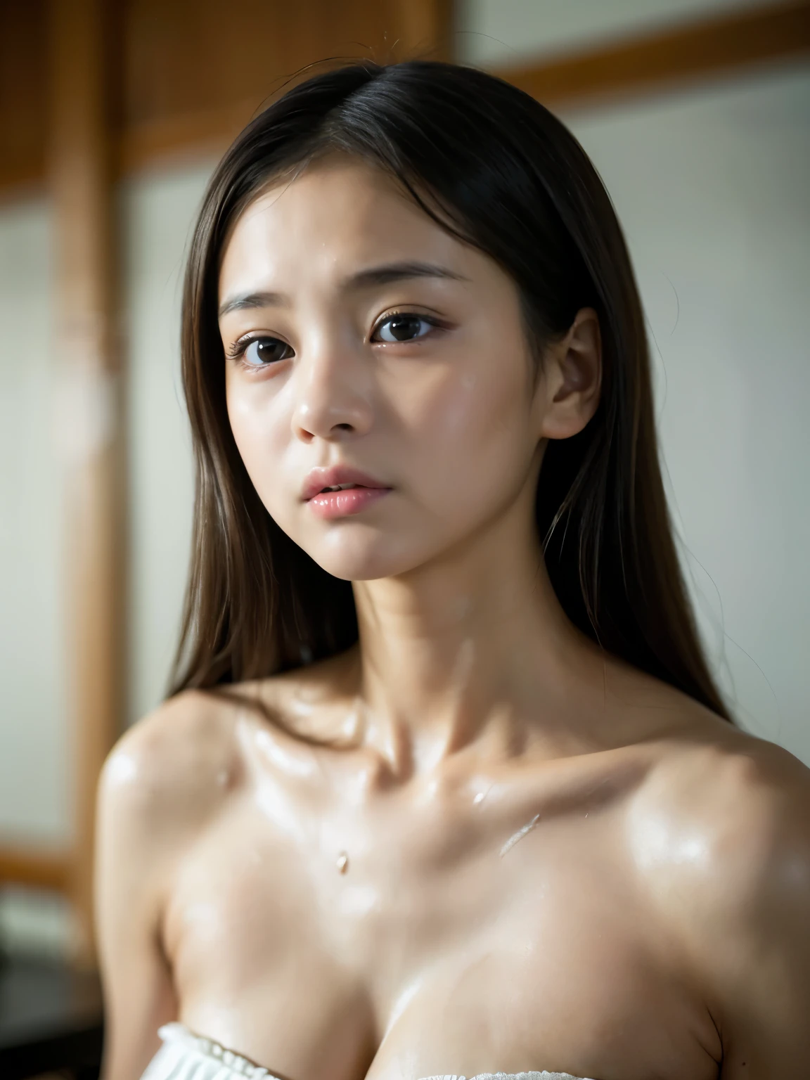 (a girl),braid hair with bangs,innocent,eighteen-year-old,sensual body,lying in bed,devastated expression,perfect lighting,solo focus,small and firm breasts,naked,front angle,radiant skin,vibrant eyes,soft pink lips,curly lashes,ruffled bedsheets,gentle breeze,floral scent,subtle blush,natural beauty,strong emotions,tousled hair,delicate features,feminine curves,body language,raw vulnerability,tan skin tone,shadows and highlights,classical painting style,elegant composition,romantic atmosphere,soft warm tones,subdued lighting,dramatic contrast,artful chiaroscuro,ethereal aura,intricate details,realistic textures,dynamic brushstrokes, full body view