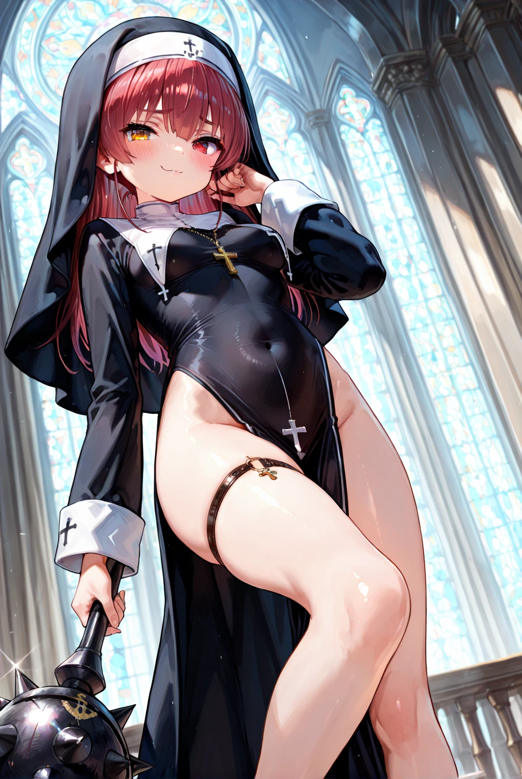ultra realistic 8 year old, cos , long black hair bangs , nun , melancholic makes you cry , panties garter thong ,Garterbelt long socks , mitts , innocent , standing . Pray , dark church. Gothic style