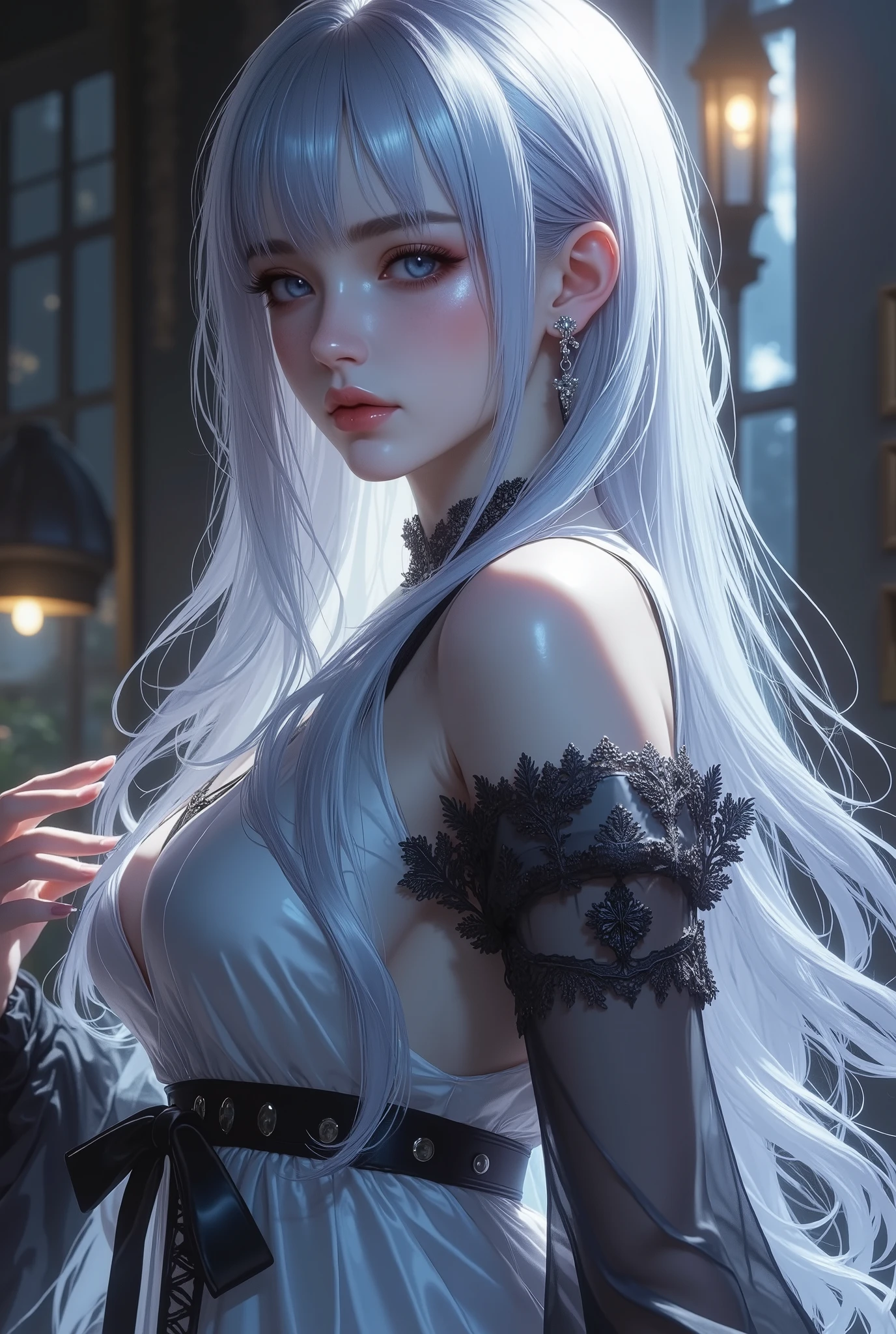 ((masterpiece:1.5、8K、Tabletop、フォトリアリスティックでVery detailedなCG、Very detailed、Particle Effects、Dynamic Effects、Shallow depth of field、Cinematic Light、Lens flare、Ray Tracing、Tabletop、Realistic:1.4、Ultra-high resolution:1.2、Realistic、Realistic))((alone、,A woman wearing a black fur coat over an off-the-shoulder sweater:1.4、Elegant and sexy woman、Detailed face、bright表情、young, bright, Whiter skin、Medium chest、Beautiful cleavage、Best Looks、Asian、Ultimate beauty、bright and shiny hair,、Super long, Silky straight hair、Hair dancing in the wind))(spectacular night sky、White Knight、Amazing starry sky)((shiny white hair))
