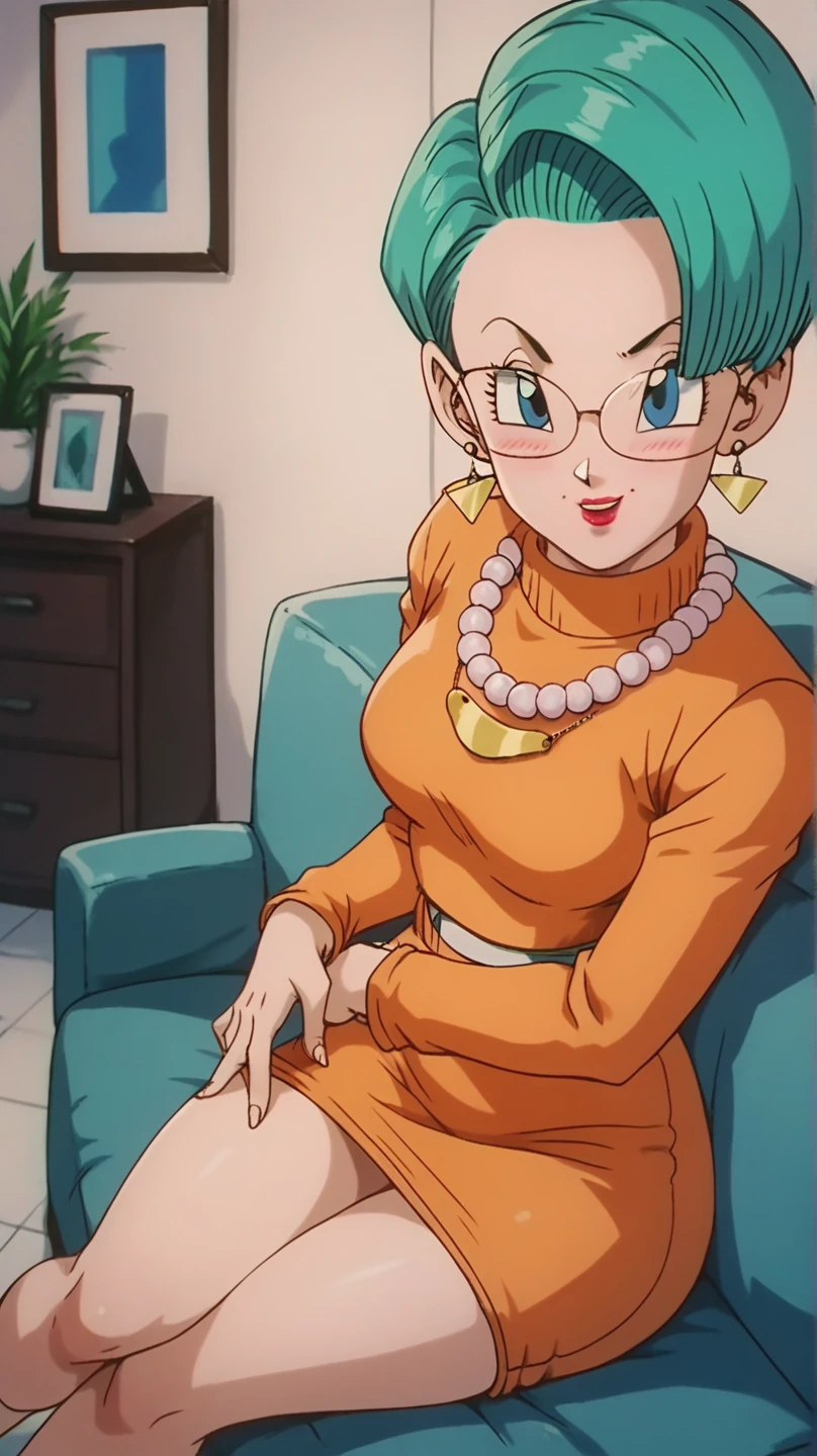 Bulma,mature female,1girl,solo,earrings,short hair,blue eyes,aqua hair,lipstick,yellow turtleneck dress,glasses,small-medium breasts,looking at viewer,indoors,sitting,crossef legs,blush,naughty face, on couch