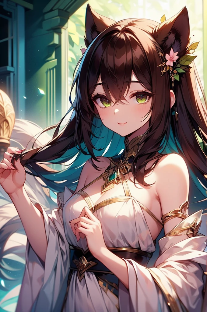 ((masterpiece, Highest quality, High resolution, 超High resolution, Pixel perfect, Written boundary depth, 4K, RTTX 10.0, High resolution))), 1 person, single, alone, Beautiful Anime, Beautiful art style, Anime characters, ((Shortcuts, bangs, Dark brown hair)), ((Green Eyes:1.4, Round eyes, Beautiful eyelashes, current eyes)), ((Smooth texture:0.75, Anime CG style)), ((Dynamic Angle, close)), Perfect body, (cute), Normal chest, whole body, ((4K, 8k, Highest quality, Perfect Fingers: 1.3, Perfect Anatomy: 1.3, Background Blur)), whole bodyアングル, Royal girl illustration, The characters are dressed in gorgeous and delicate dresses.、In her hair she wears a crown or a jeweled tiara., The dress has a noble design based on gold and white.、Intricate embroidery and jewels studded, She has a sweet smile、Striking an elegant pose, In the background is a magnificent room in a royal palace.、The overall scene exudes elegance and grace.