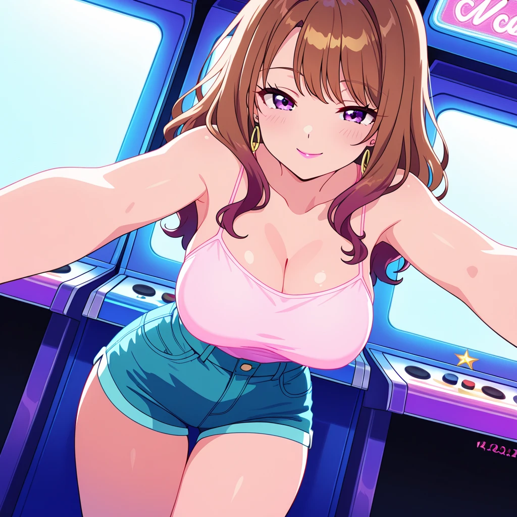 hot, sweating, sweaty, slight tan, big boobs, tan skin, black hair, ponytail, flustered, blush, in arcade, playing arcade games, playing dancing game, dancing, arcade, at the arcade, skirt, casual wear
