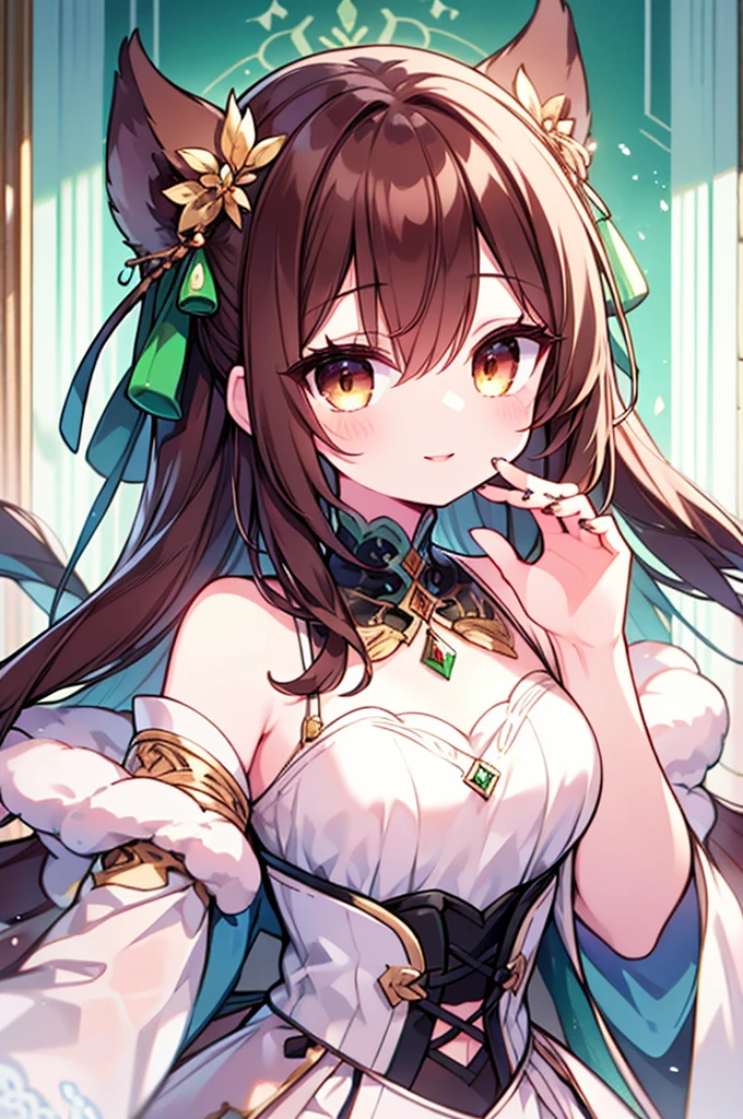 Anime girl with long brown hair green eyes Mystical version
