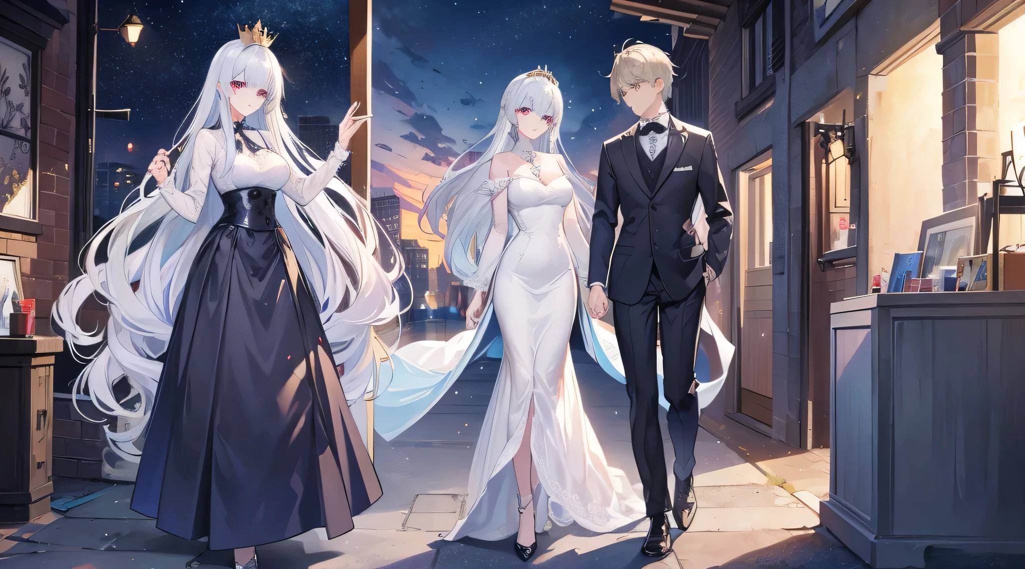 A tall blond man with blue eyes, defined body, wearing a black suit and holding a gun. Next to him a girl with black hair, Pale skin and lilac eyes, wearing a lilac dress with straps falling off her shoulder and a moon behind them both shining in a starry sky