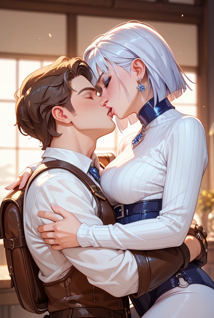 2 girls, Russian model dressed posh with white hair with an expression of believing she is superior holding a boy's cock and another nerdy girl crying