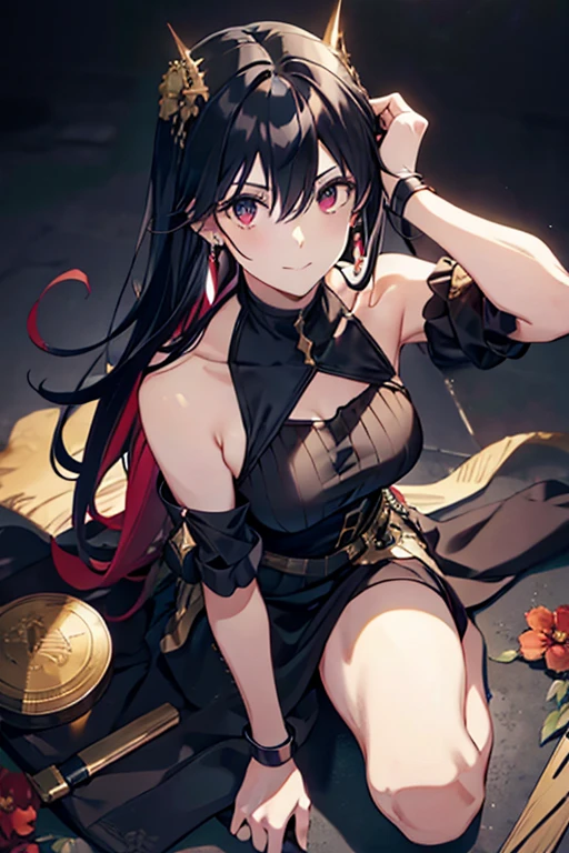 yor briar,
1girl, backlighting, bare shoulders, black background, black dress, black gloves, black hair, blood, blood on face, blood on weapon, breasts, closed mouth, cowboy shot, dress, earrings, expressionless, fingerless gloves, floating hair, floral print, flower, gloves, gold earrings, gold hairband, hair flower, hair ornament, hairband, holding, holding weapon, jewelry, large breasts, light particles, long hair, looking at viewer, off-shoulder dress, off shoulder, petals, red eyes, rose, rose petals, rose print, short hair with long locks, sidelocks, solo, spikes, thighs, two-sided dress, two-sided fabric, weapon
, ((masterpiece)), image size 16:9