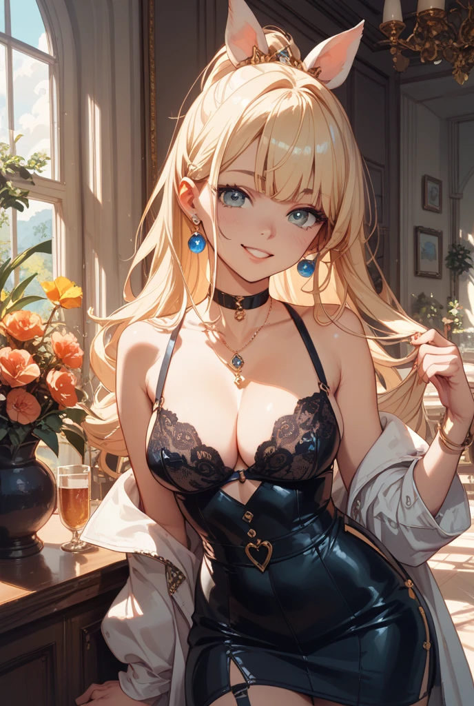 (RAW photo:1), (best quality:1.3), (masterpiece:1.3), (ultra-detailed:1.3), (beautiful:1), (beautiful detailed eyes:1.1), (extreme detailed illustration:1.3), (professional lighting, face lighting:1.2), (perfect anatomy, left to right balance, Perfect Hands,Perfect Fingers,Perfect Limbs,Perfect Body,Correct Human Body, beautiful eyes:1.3), soft light, beautiful body, (masterpiece, Highest quality, Very detailed)), One girl, gyaru, ((Brown skin:1.3)), Blonde, Long Hair, blunt bangs, Wavy Hair, Grey Eyes,
((lots of piercing)), Thick thighs, Cowboy Shot, extreme detailed illustration, (portrait of a person, DSLR style, shallow depth of field, background blur, bokeh effect, f/1.8:1.1), 1girl, (evil smile:1.2), (open mouth, tongue out:1.2), twenties, looking at viewer, (Large Breasts, ((open white collar shirt)), necklace:1.3), ((Pink satin bra with black lace)), ((Pink satin thong with black lace)), tilting head, (sitting:1.3), (spread legs:1.3), Seductive bar interior, dim red lighting, luxurious decor, velvet upholstery, crystal chandeliers, polished wood bar counter, elegant glassware, Luxurious sofa, high-end furniture, velvet upholstery, ornate wooden frame, tufted cushions, gold accents, intimate atmosphere, photorealistic, high detail, wide-angle sho, wide angle