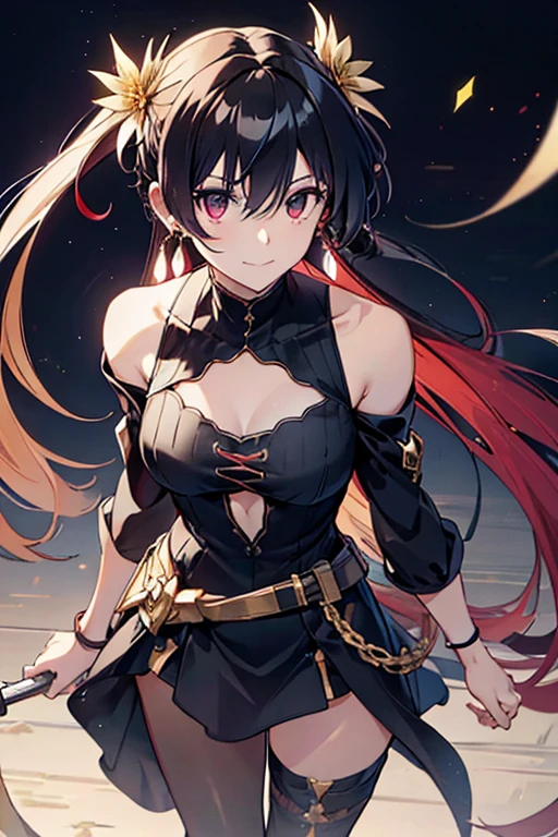 yor briar(spy family), anime style beutiful woman, 1girl, happy, smile, red face, closed mouth, beautiful detailed eyes, super detailed skin, backlighting, bare shoulders, black background, black dress, black gloves, black hair, breasts, dress, earrings, fingerless gloves, floating hair, floral print, flower, gloves, gold earrings, gold hairband, hair flower, hair ornament, hairband, holding, holding weapon, jewelry, large breasts, long hair, looking at viewer, off-shoulder dress, off shoulder,red eyes, short hair with long locks, sidelocks, solo, spikes, thighs, two-sided dress, two-sided fabric, weapon, fighting stance , face, close up, from above, highest quality, high resolution.