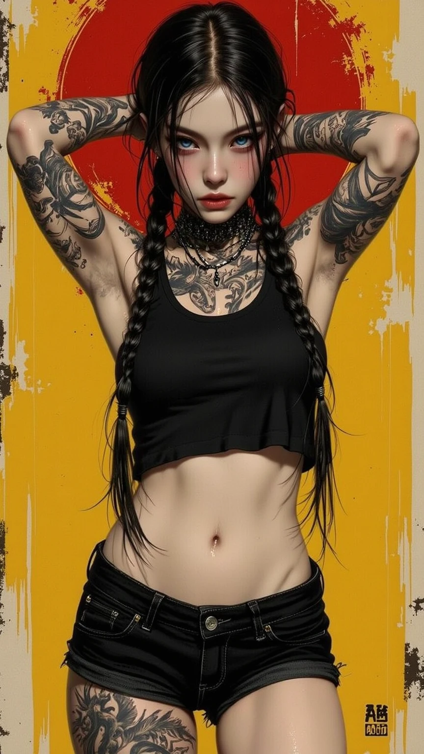 18 year old woman naked, (very white skin), (pale skin), (albino woman), (Woman with wet body), (long black hair), (naked girl), (arms behind the head) slender figure, (of her), (looks like an 18 year old boy), ((open shorts showing vagina)), shorts aberto, shorts showing pubic hair, shorts caindo, shorts largo, shorts with fully open fly, shorts caindo, shorts down, shorts aberto, long shorts, top Model, (flat-chested), Posed and photographed, pose legal, graffiti art background, provocative, raunchy, brat