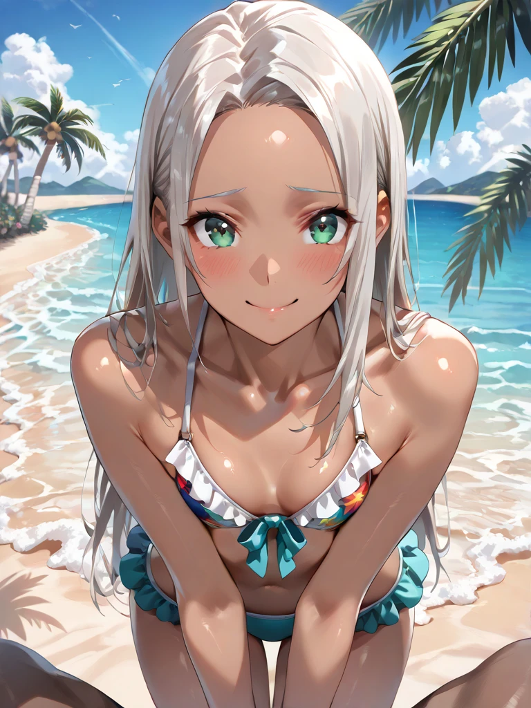 highest quality、Realistic、girl、Silver Hair、Dark green eyes、Long Hair、Lemon Yellow Dress、Tanned dark skin、Tan Skin、Brown black skin、Chubby body、smile、Ocean、Bust Shot