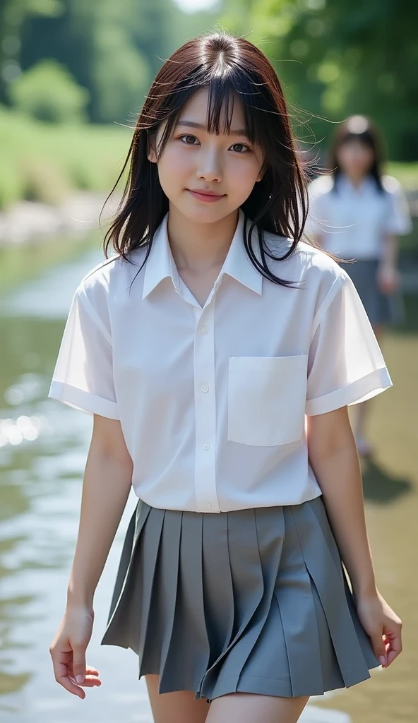 a closeup, ​masterpiece, top-quality, FULL ANATOMY、Raw foto, Photorealsitic, faces, unbelievable Ridiculous, beautiful a girl, cute little, shorth hair、depth of fields, hight resolution, ultra-detailliert, finely detail, ighly detailed, extremely detailed eye and face, Realistic pupils, foco nítido, Cinematic lighting、flat breast、tiny chest、small tits、(Petite bust:1.2)、Petite bust、 (Slimed、small tit、flat boobs、small tit)、 15 year old woman、Sexual facial expressions、sexy  pose、 Wet body、Blushing、Sweating、Very embarrassed look、yawns、The face is bright red、Schoolgirl Uniform、Panties are visible from the skirt、Very detailed 8k wallpaper、Sheer white shirt、Navy blue ribbon at the collar、Dark blue pleated micro mini、Show me your whole body、Plump string panties、((Lift the hem of the skirt、Lift the hem of the skirt with both hands、Lift the hem of the skirt yourself,、Show the camera a little sexy panties))、is standing、‎Classroom、depth of fields、Bokeh in the background、Hairstyle with bangs,Black-rimmed glasses、knee sox、The whole body is shown